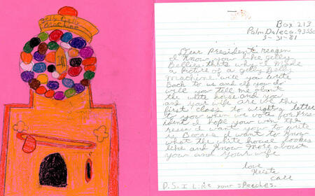 Image of a child's handwritten letter and drawing addressed to President Ronald Reagan