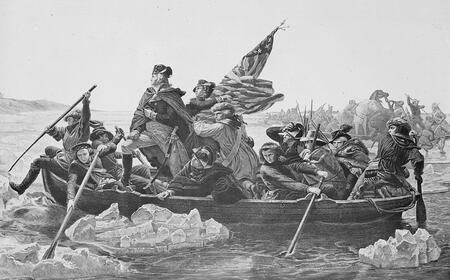 A black and white version of the portrait, George Washington's crossing of the Delaware River 